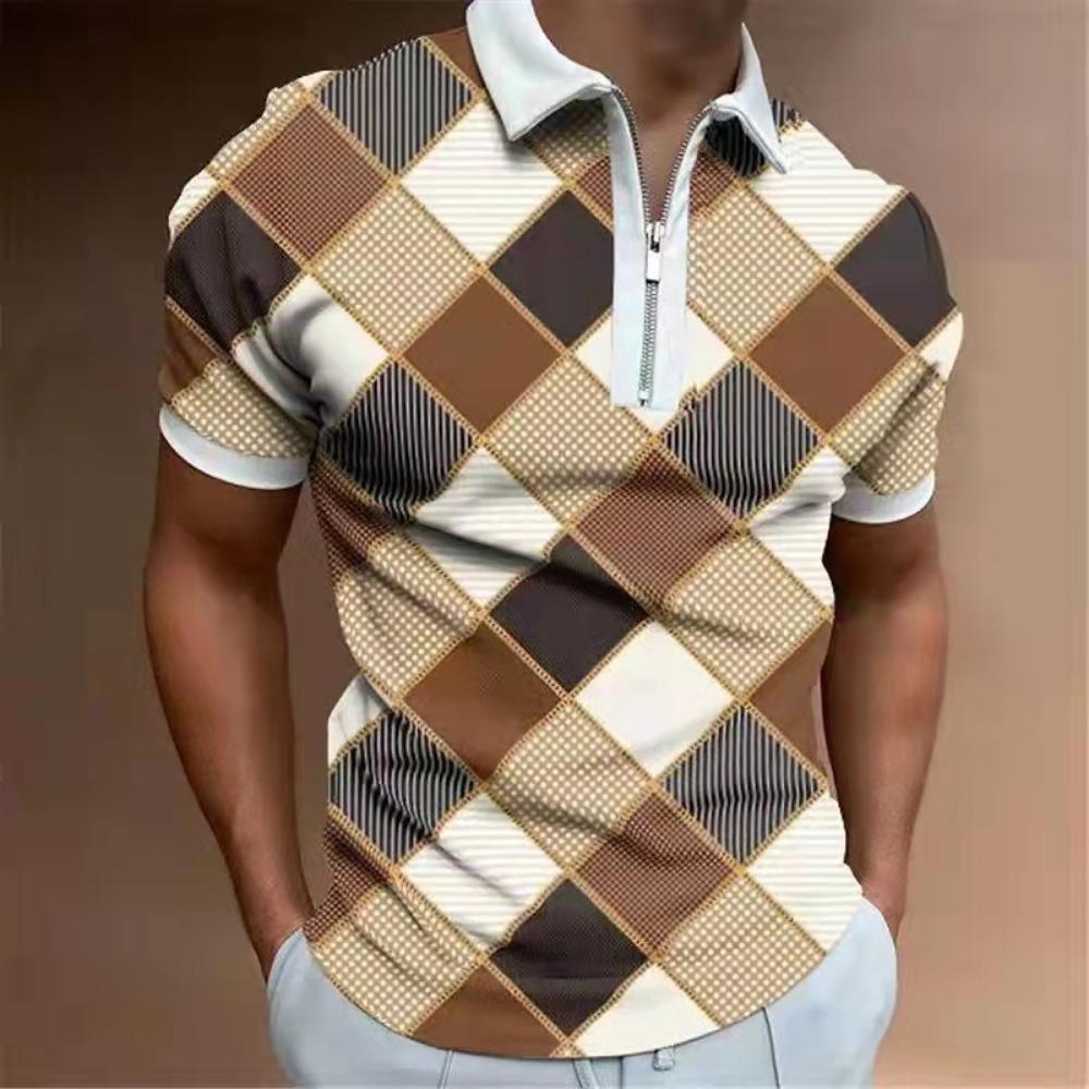 Summer Men's Casual Fashion Zipper Polos Digital Printed Stripe Plaid Pattern Mens Polo Shirts with Short Sleeve Men Clothing