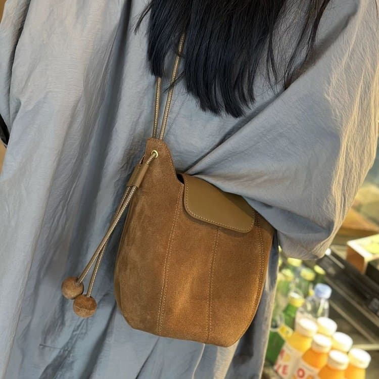 Vintage Suede Shoulder Bucket Bag Crossbody Armpit Bag