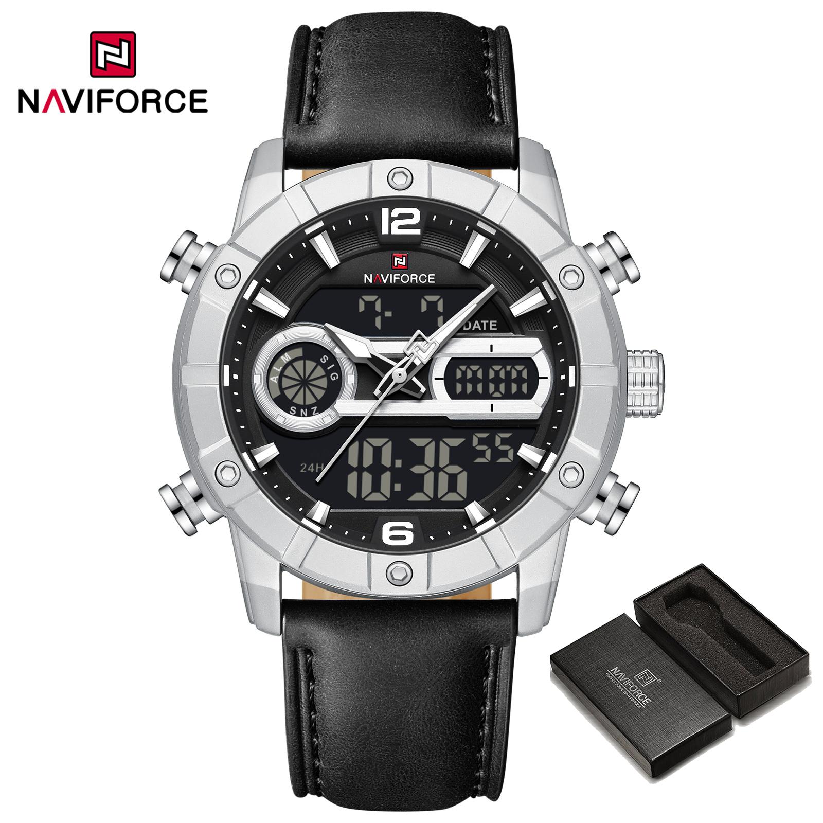 

Мужские часы NAVIFORCE с двойным временем, люминесцентными стрелками, кварцевым механизмом, ЖК-дисплеем, кожаным ремешком, водонепроницаемые, мужские часы, подарок NF9263 чёрный/серебряный