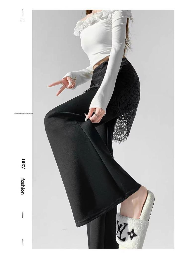 Lace Patchwork Two-Piece Look Micro-Flare Pants for Women - Black High-Waisted Slimming Body-Shaping Trousers, Spring 2026 Arrival