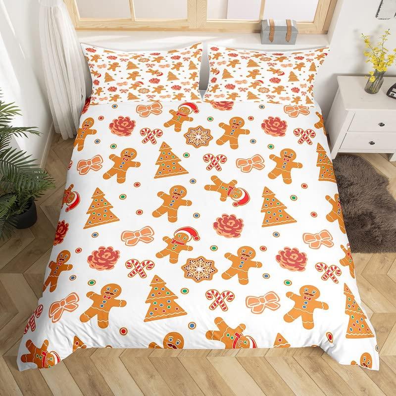Gingerbread Man Xmas Theme Duvet Cover Christmas Comforter Cover Cartoon Snowman Christmas Tree Bedding Set Pink Quilt Cover