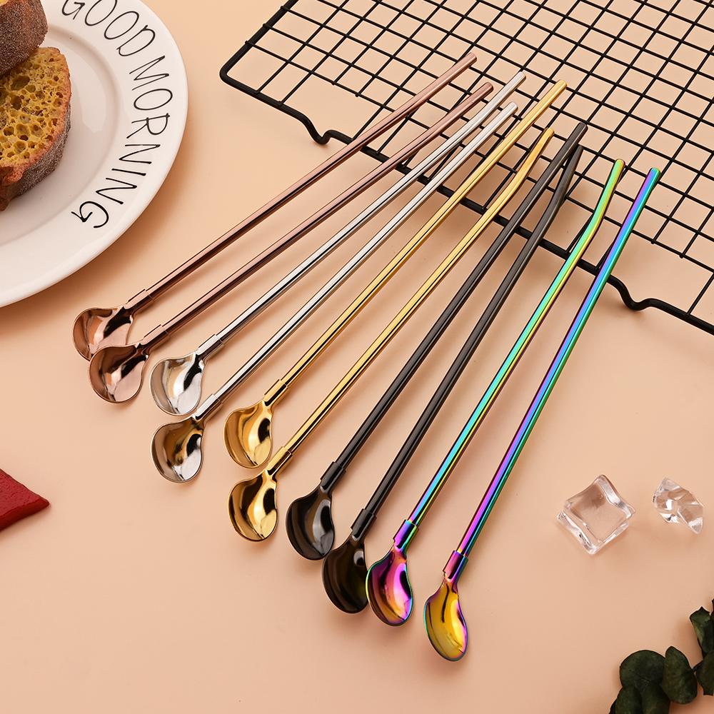 7Pcs Milkshakes Cocktails Coffee Juice Straw Set 2-in-1 Stainless Steel Straw Spoon Set Reusable Drinking Straws Bar Accessories