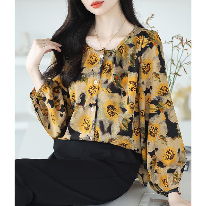 French Style Light Cooked Loose Comfortable Round Neck Bubble Sleeve Sweet Floral Shirt