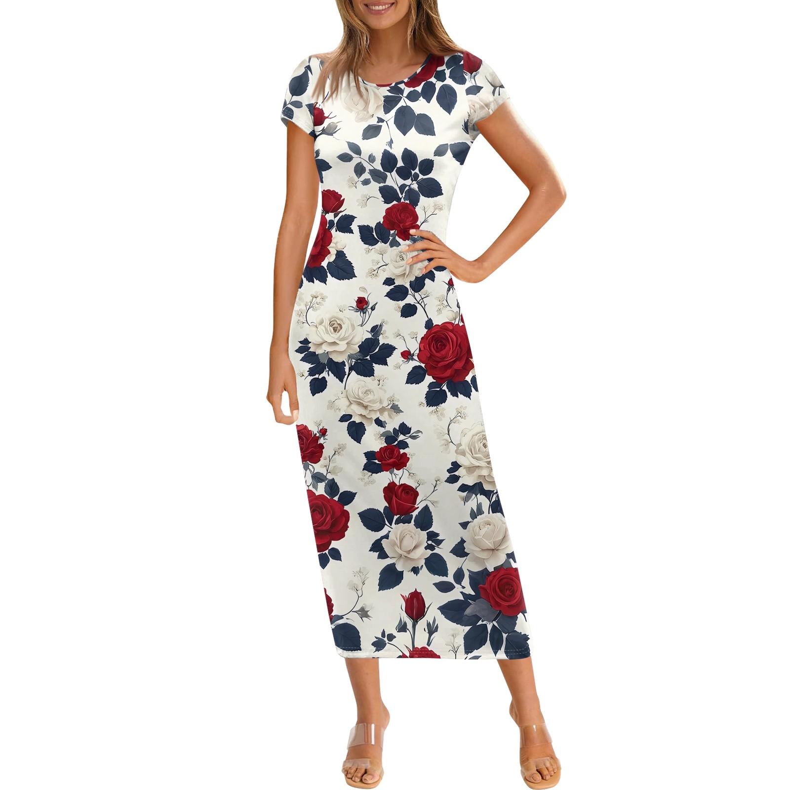 

Женское модное повседневное платье с круглым вырезом и коротким рукавом XL красный