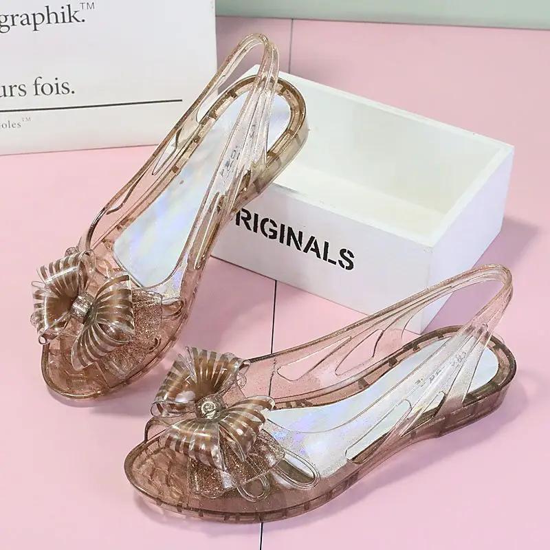 

Ladies Shoes Jelly Flat Rubber Plastic Footwear Beach Crystal No Heel Transparent Outdoor Bow Summer 2025 Open Toe H The Best F 39