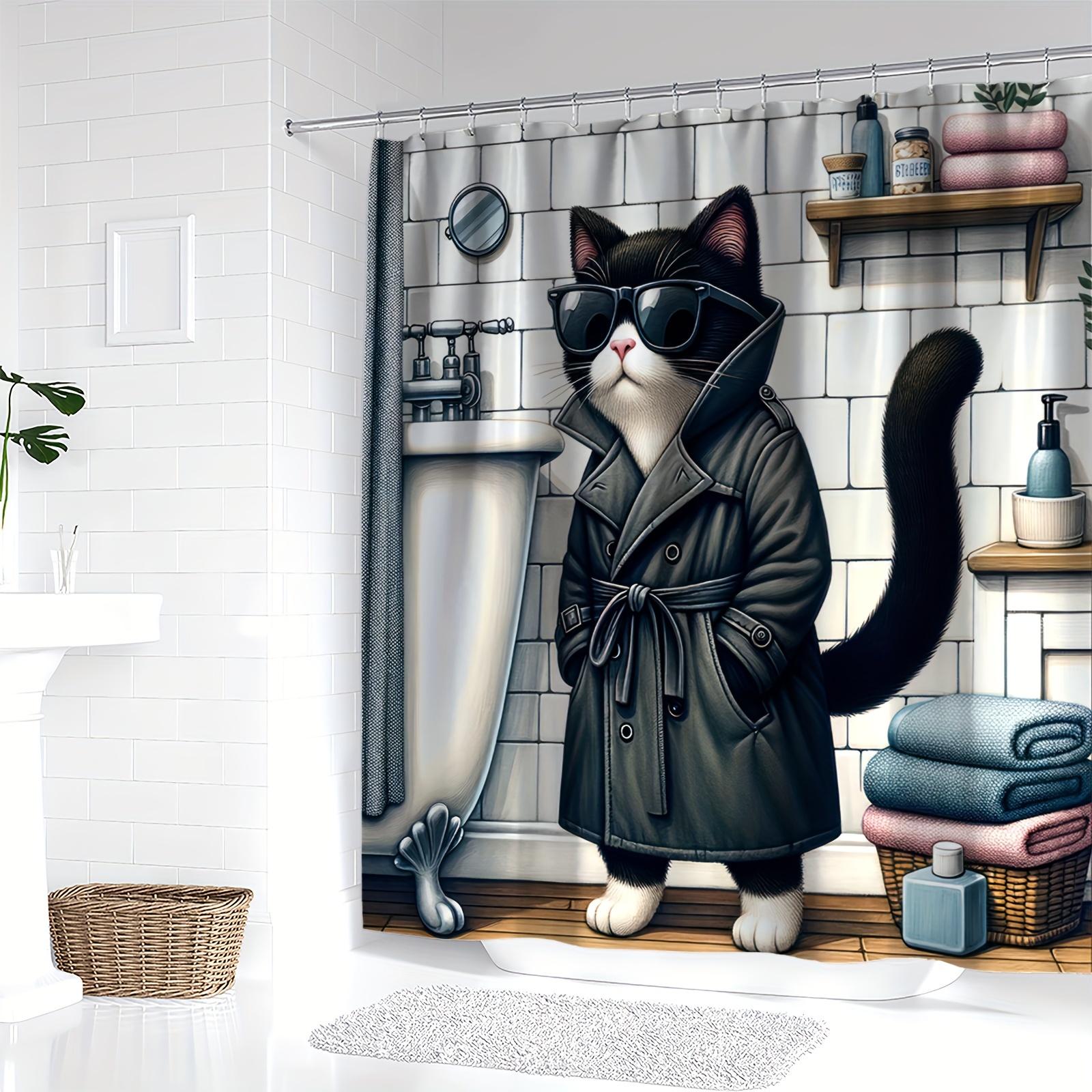 

1Pc Cartoon Cat Shower Curtain, Animal Theme Bathroom Decor With Hooks, All-Season Curtain For Home Restroom Decoration W60H190(CM)-1 Pcs