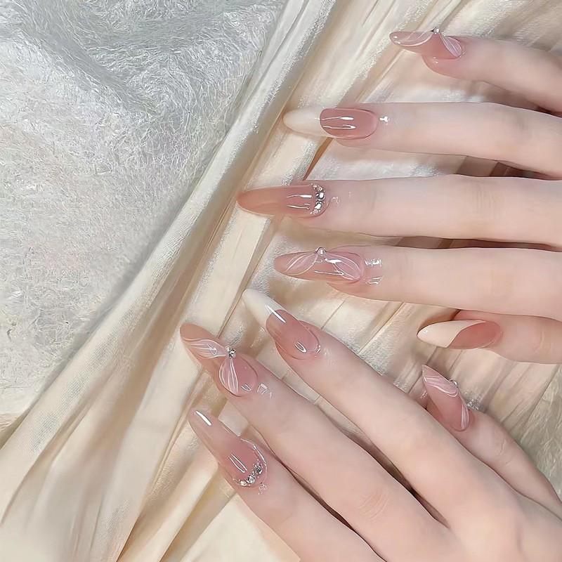 Ins Style Press On Nails Butterfly Pearl Handmade Fake Removable Women