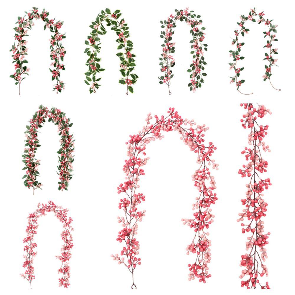 Green Leaves Christmas Pink Berries Wreath DIY Simulation Plants New Year