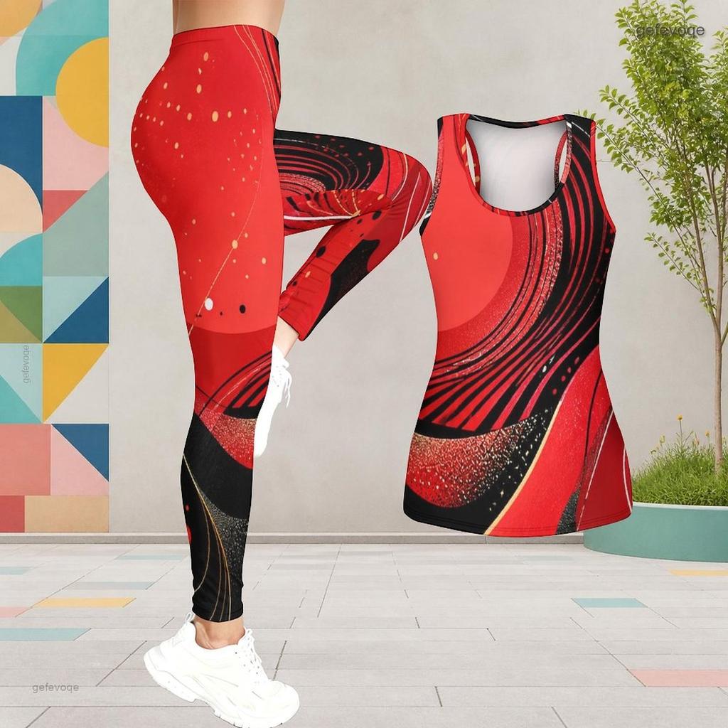 Women Plus Size Two Piece Outfit Scoop Neck Sleeveless Printed Longline Tank Top And Fitted Pants Red Black