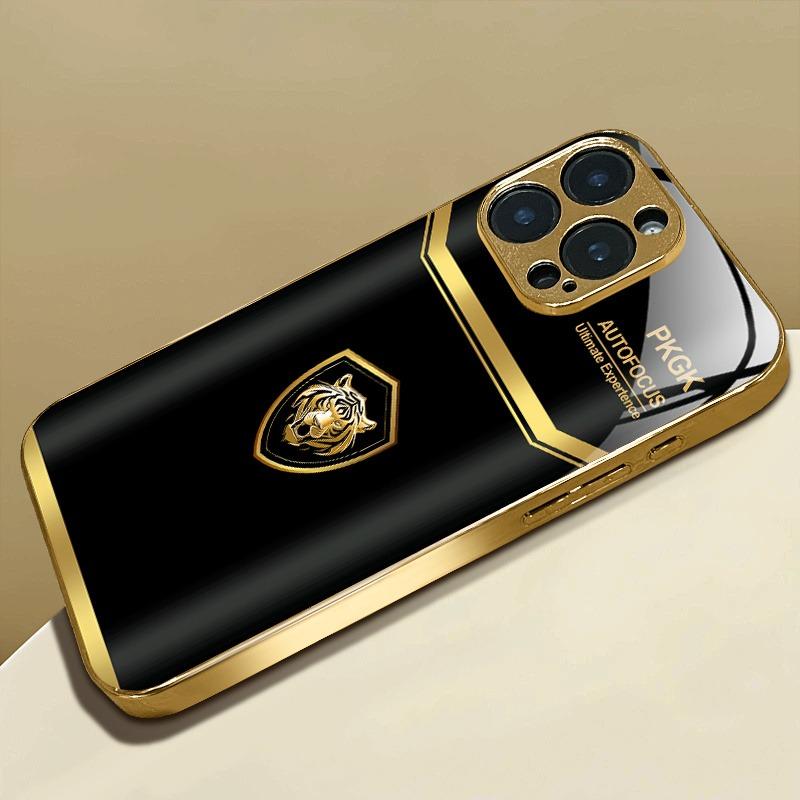 Cool Gold Tiger Pattern Gold Metallic Paint Glass Phone Case For iPhone 17 16 15 14 13 12 11 Pro Max 15 Plus 17 Air 16E Cover