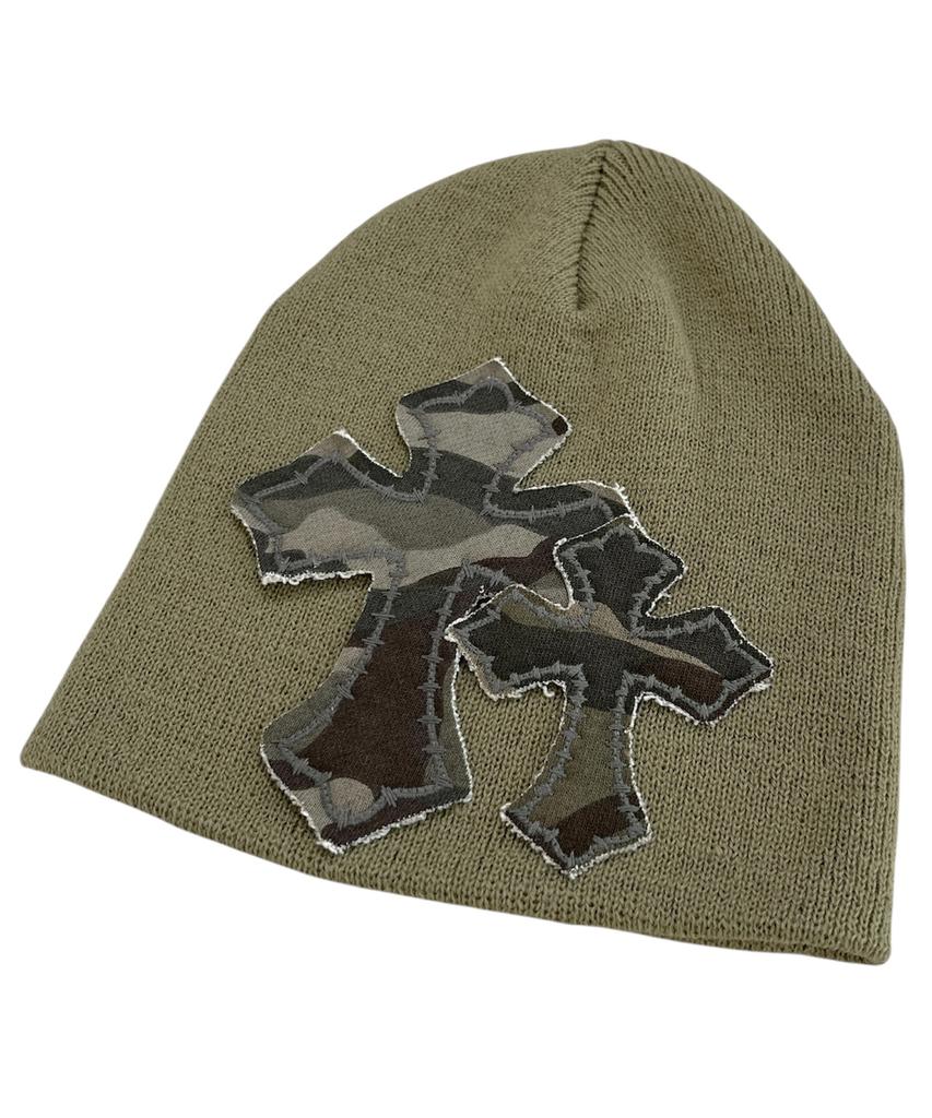 SK8ER ROCK Double Cross Patchwork Beanie ((Light Khaki))