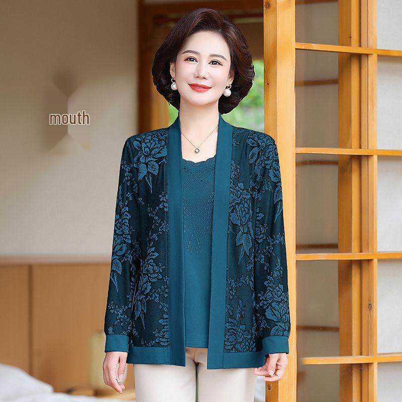 2024 Fashionable Two-Piece Set: Knitted Cardigan Coat for Middle-Aged and Elderly Women - Youthful Spring and Autumn Style