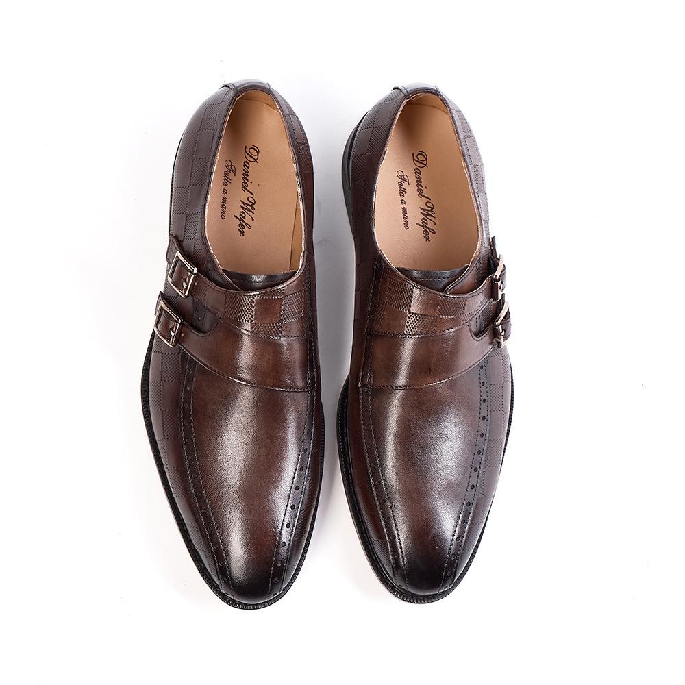 Leather Shoes Men'S Handmade Leather Dress Metal Buckle Business Men'S Shoes Casual Breathable British Engraved Monk Shoes