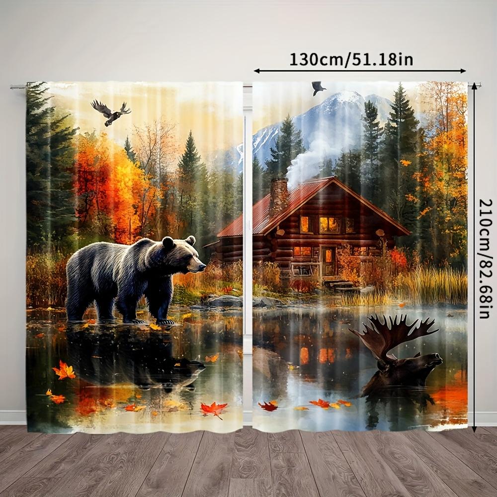 Autumn Forest Bear Moose Cabin Curtain Panels, Lake Mountain Wooden House Wild Animal Digital Print Drapes for Lodge Home Decor