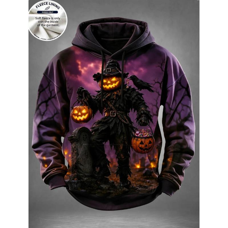 Men Fleece Lined Hoodie Halloween Black Cat Moon Pumpkin Print Pullover Hooded Sweatshirt Hoody