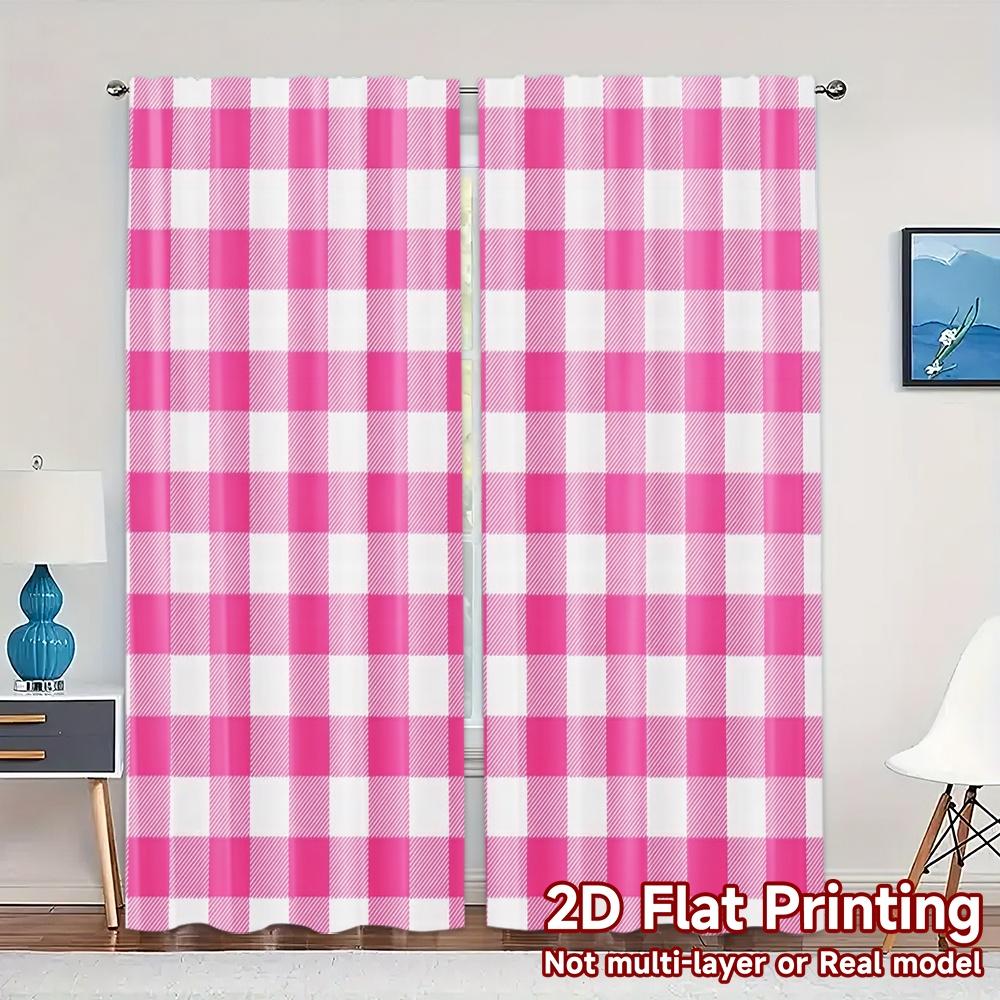 

Set Of 2 Modern Flat Printing Curtains Without Rod Pink Checkered Pattern Minimalist Versatile Polyester Curtain W100*H70(CM)-Hooks&1PCS