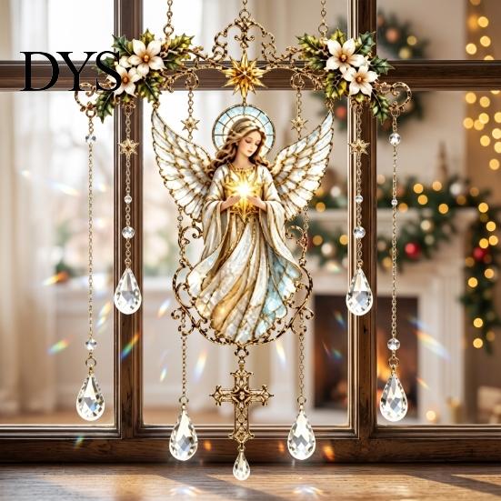 Spiritual Room Ornament Stained Glass Effect Blessing Suncatcher, Acrylic Angel Prayer Window Hanging with Faux Crystal Charm for Home Garden