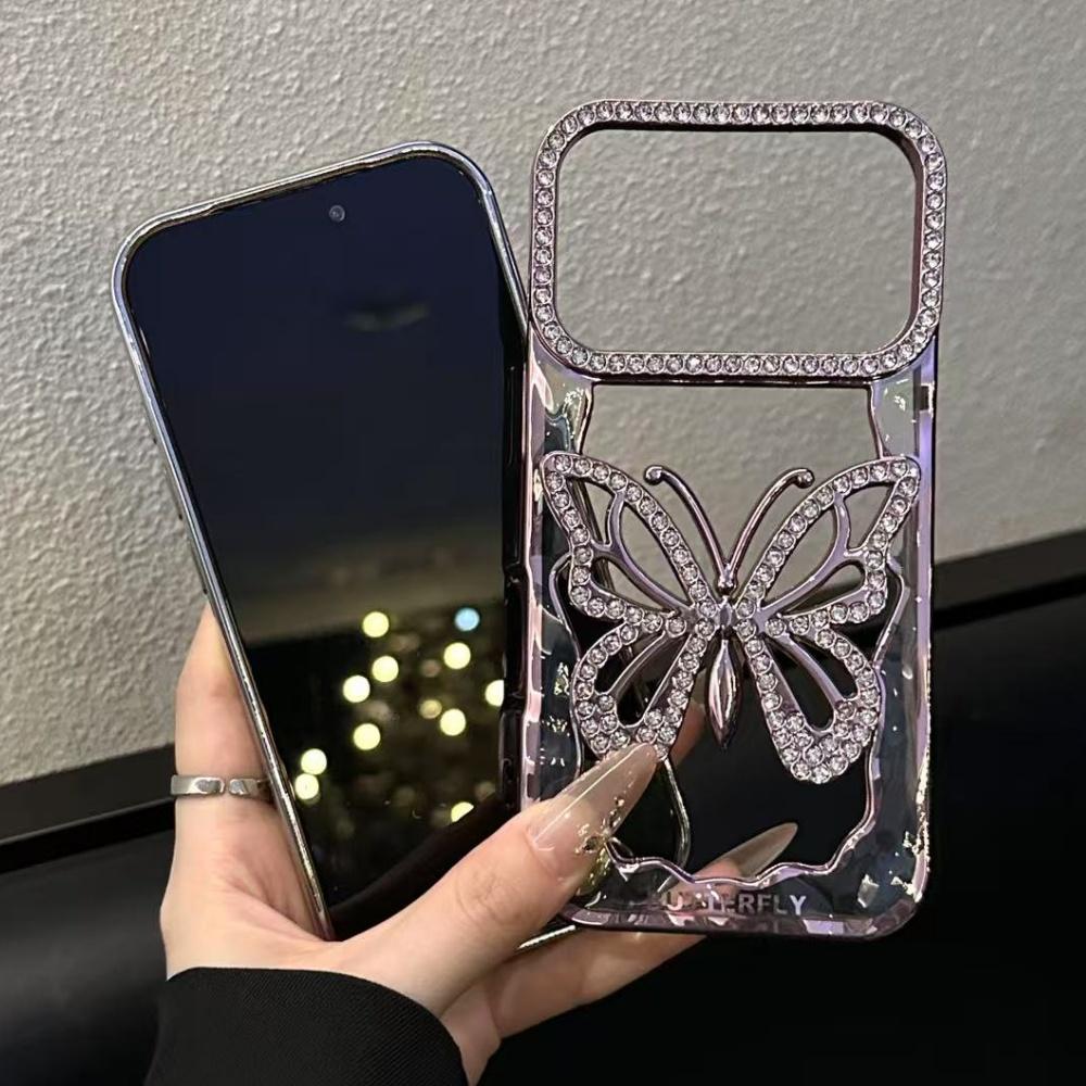 Plating Butterfly Hollow Glitter Diamond Case For iPhone 17 16 15 14 13 Pro Max Plus Bling Sparkling Rhinestone Shockproof Cover