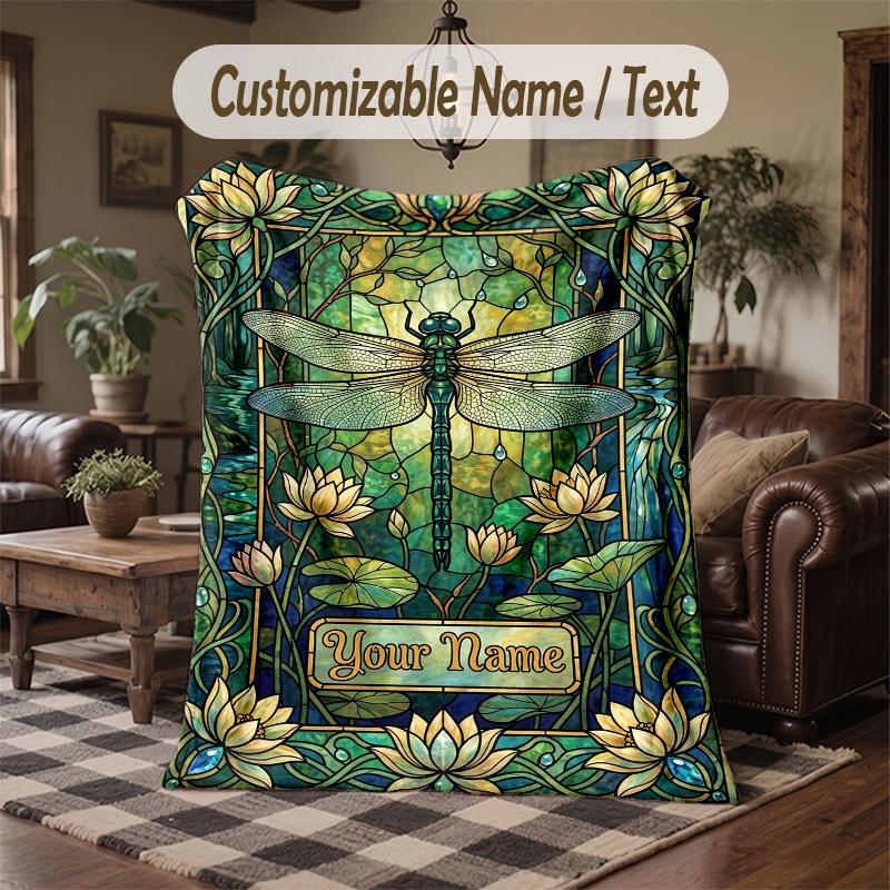 Dragonfly Garden Dream Theme Throw Blanket Custom Name Text Personalized Blanket Soft Cozy Blanket for Home Sofa Bed