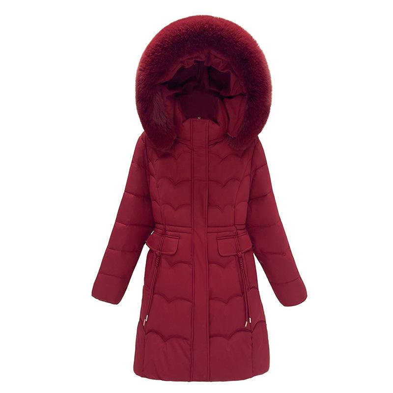 Women's Mid-Length Winter Fur Collar Hooded Cotton Jacket - Fashionable Slimming Warmth