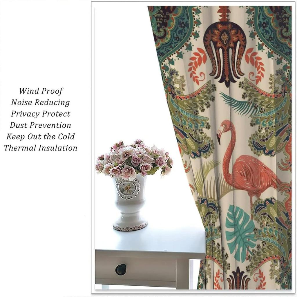 Bohemian Flamingo Vorhänge Boho Vintage Ethnisch Tropische Vögel Design Fensterdekoration Wohnzimmer Weinrot Hu Vorhang mit Verdunkelung Polyester Perfekt