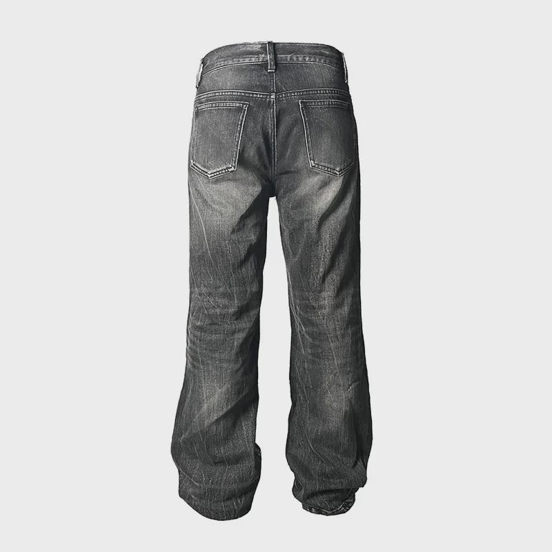 Unisex Koyu Mavi Şimşek Patlaması Retro Bol Paça Kot