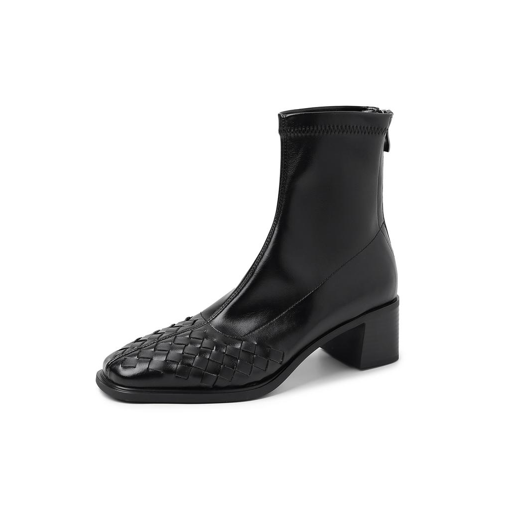 Fashion 2025 Fashion Women Shoes Genuine Leather Short Boots Square Toe Chunky Heel Winter Stretch Modern Women Boots Solid High Heels