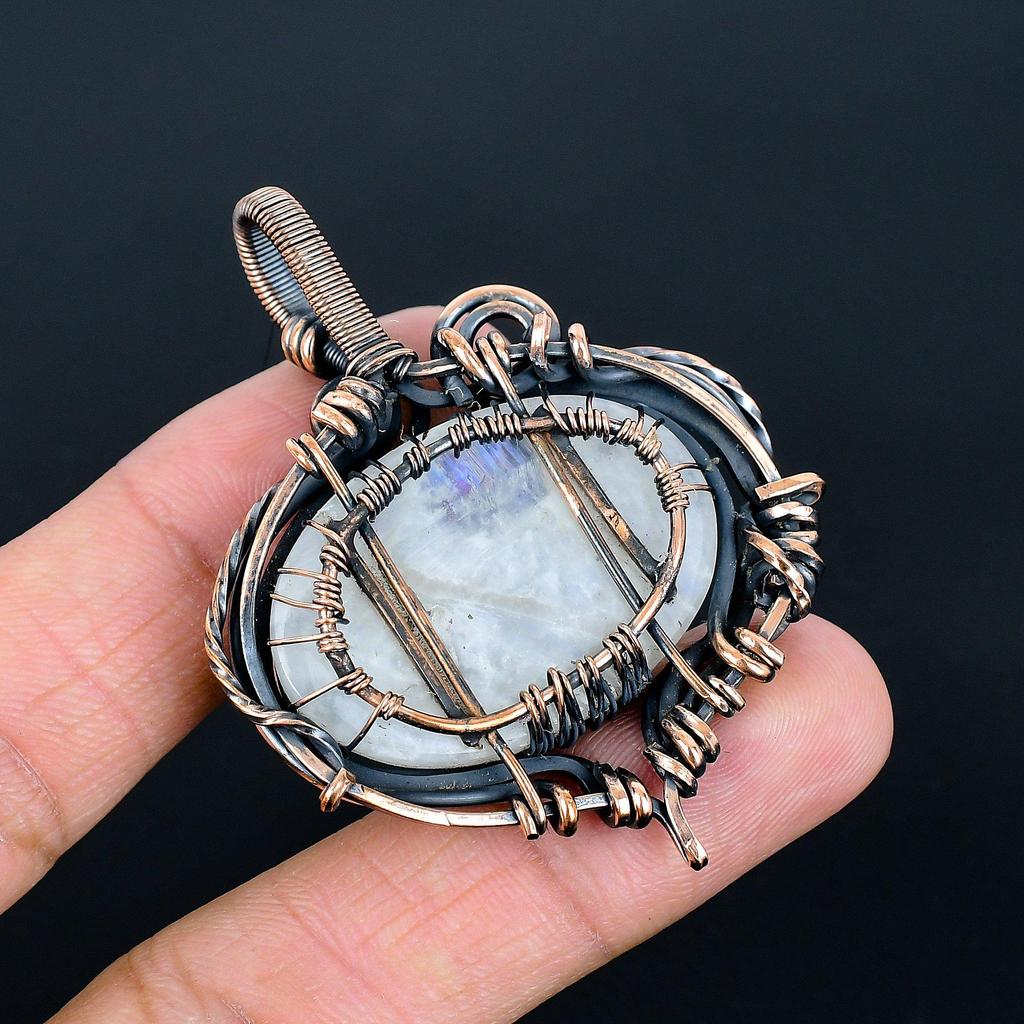 Rainbow Moonstone Pendant Gemstone Jewelry, 999 Copper Wire Wrapped Pendant, Handmade Beautiful Jewelry Pendant
