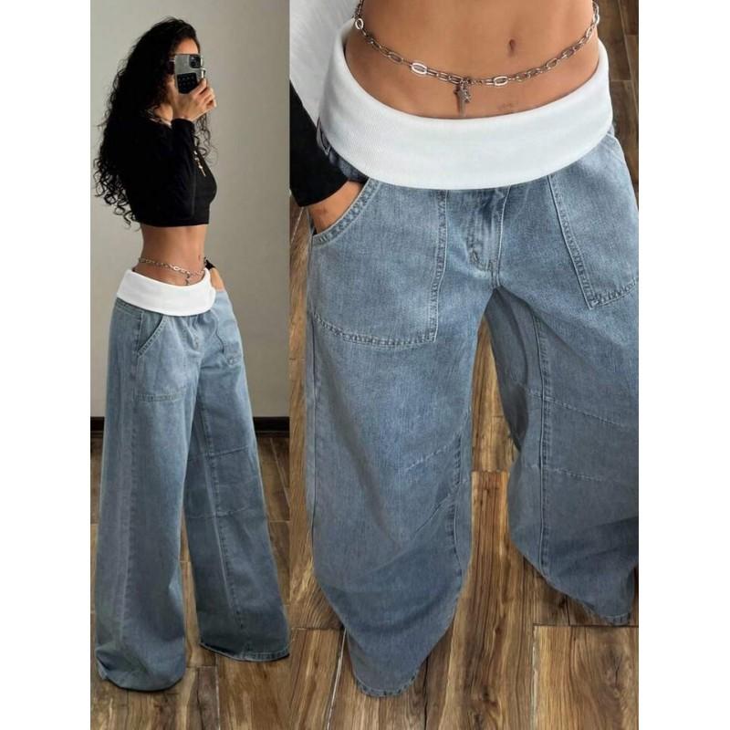 Womens High-Waisted Wide-Leg Denim Pants 2026 Retro Streetwear Cropped Flare Jeans Loose Fit Long Trousers