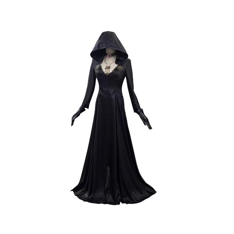 Daughter of Lady Dimitrescu Cosplay Costume Gothic Black Long Dress with Hood Vampire Bella Cassandra Halloween Medieval Costume