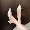 2025 Summer New Bow Slim Thin Heel Medium Heel Cool Slippers Pointed Head Bag Head Half Slippers High Heel Women