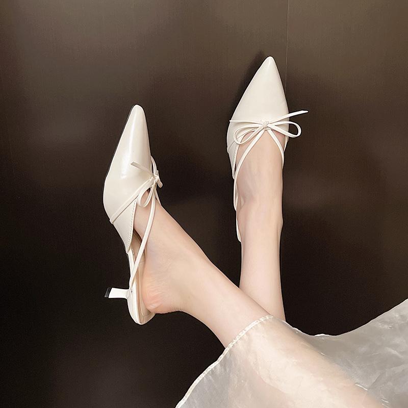 2025 Summer New Bow Slim Thin Heel Medium Heel Cool Slippers Pointed Head Bag Head Half Slippers High Heel Women
