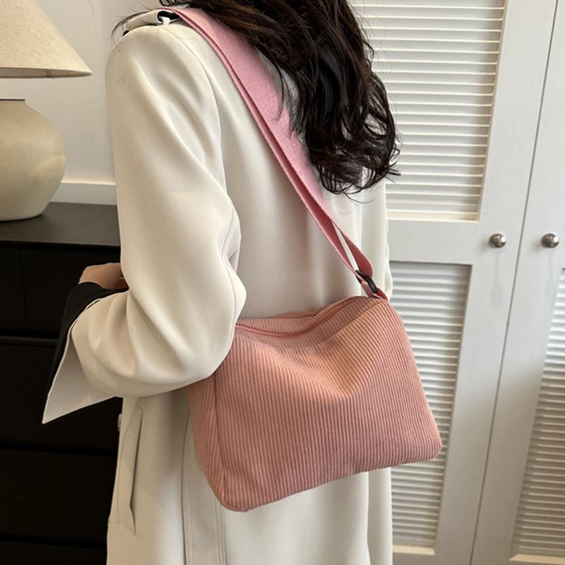 Solid Color Corduroy Shoulder Bag All-match Zipper Handbag Versatile Carry On Crossbody Bag