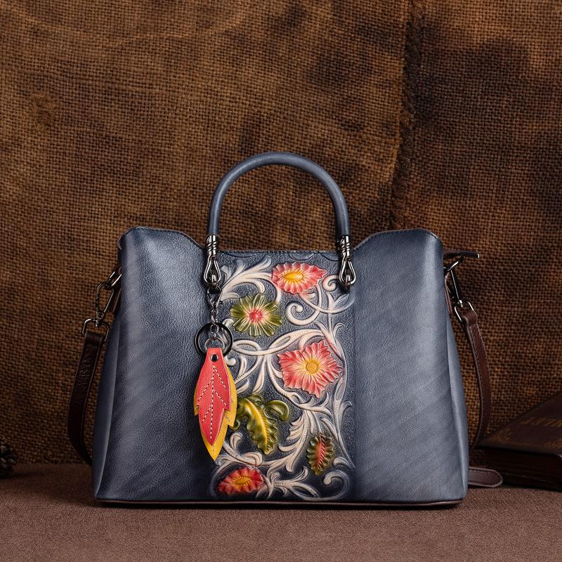 Johnature Borsa versatile in vera pelle da donna, vintage, fatta a mano, in pelle di mucca naturale goffrata, borse a tracolla