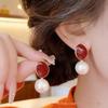 Ancola Red Pearl Geometric Light Luxury Earrings - High-End Retro Korean Minimalist Oval Red Pattern Drop Earrings