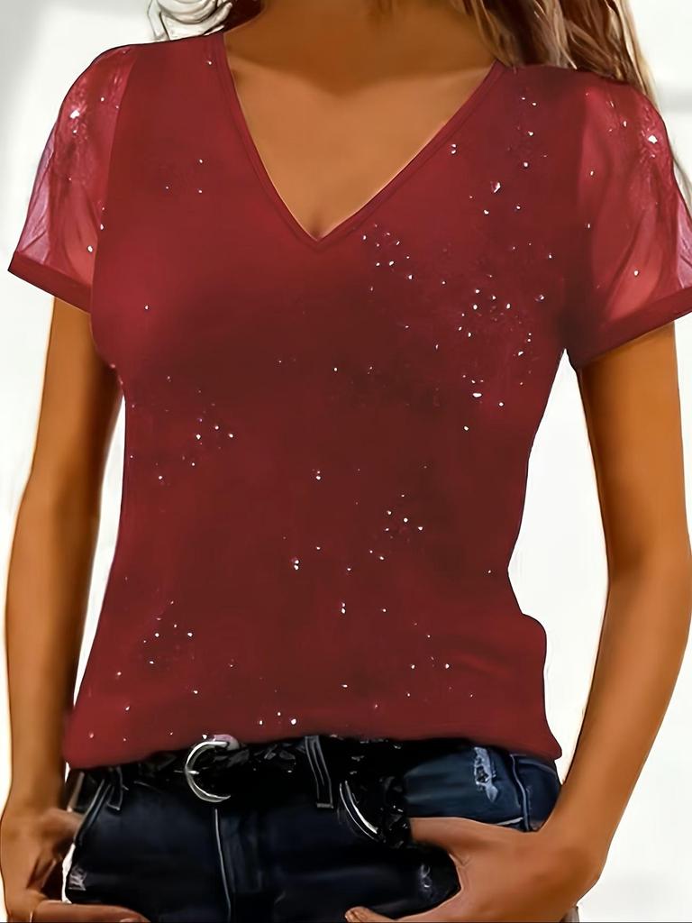 2026 Summer Elegant Women's Solid Color Mesh Short Sleeve Top