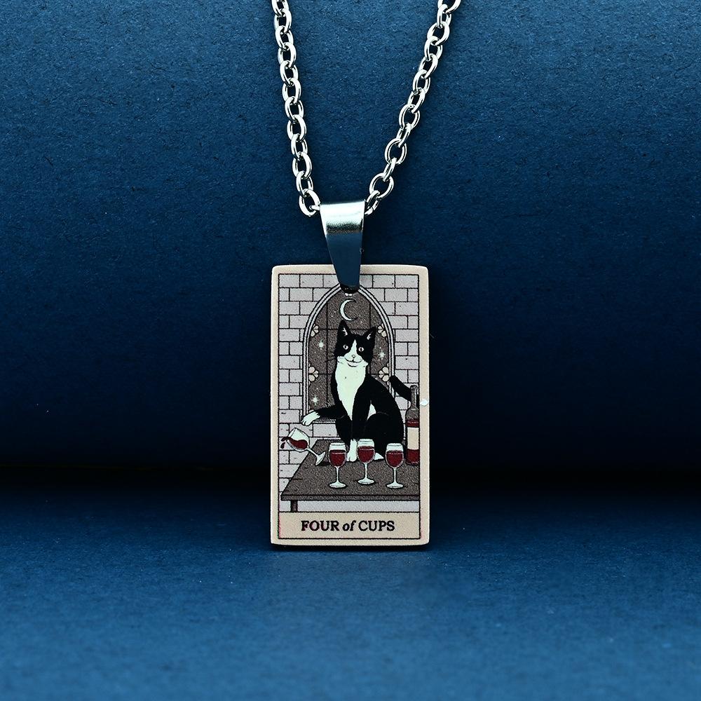 Stainless Steel Cat Tarot Card Necklace for Men Women Animal Divination Jewelry Accessory