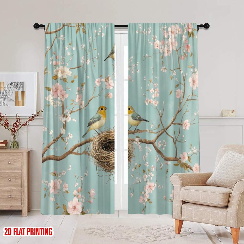 2pcs,2D Plane Printing Window Curtain Springtime Nest Durable 100% Polyester Fabric (without Rod) Outdoor Decorations for