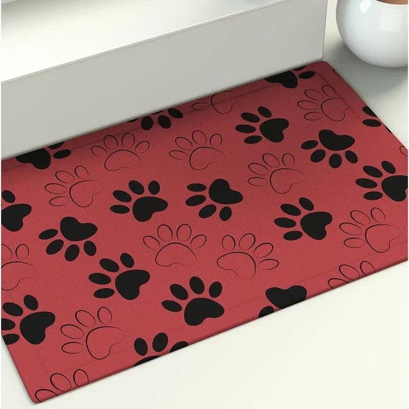 Dog Paw Footprint Black and White Color Printed Floor Mat Bathroom Non-slip Absorbent Porch Door Home Decoration