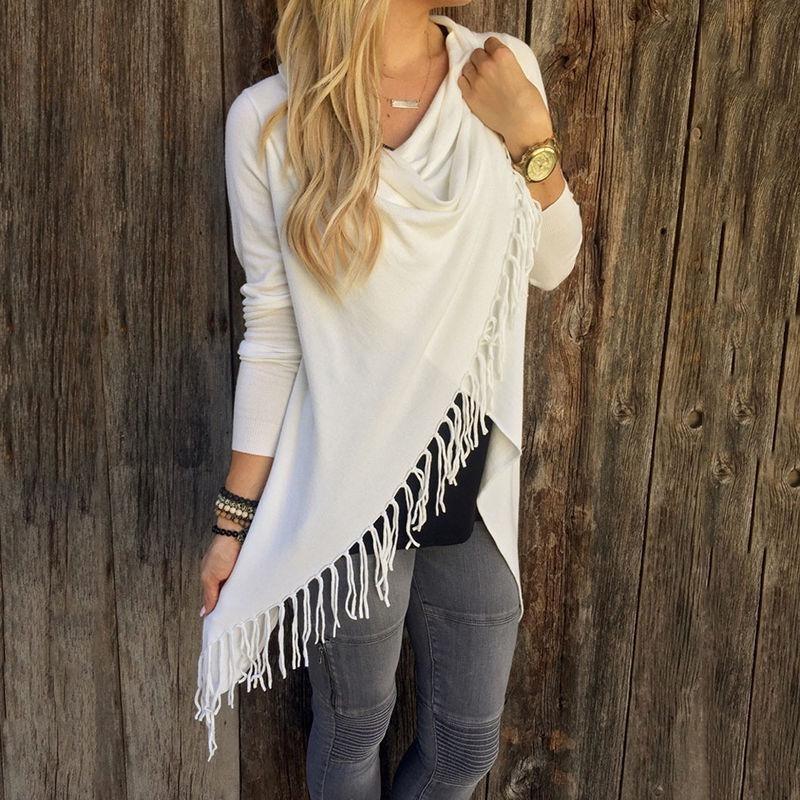 Elegant Women's Irregular Tassel Cardigan Sweater Poncho Shawl With Classic Design