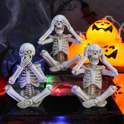 Figuras de Esqueleto Gótico 3 Peças Mini Não Ouvir Não Ver Não Falar Esqueleto Resina Escultura de Jardim para Exterior Figurinhas Para Halloween