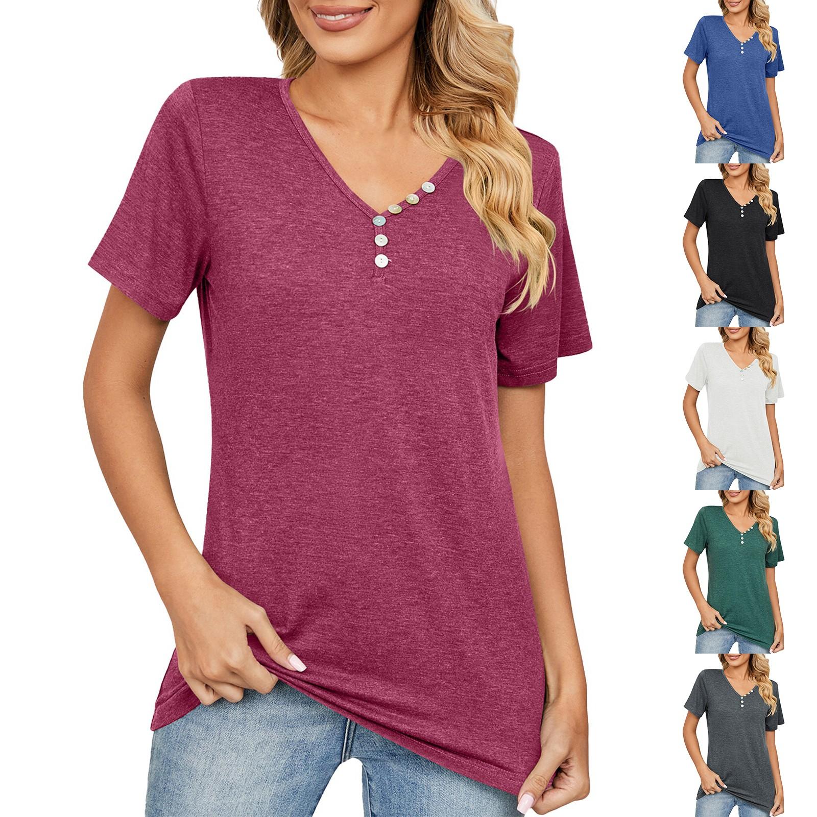 

Женская модная рубашка с v-образным вырезом на пуговицах и коротким рукавом, повседневный хлопковый топ