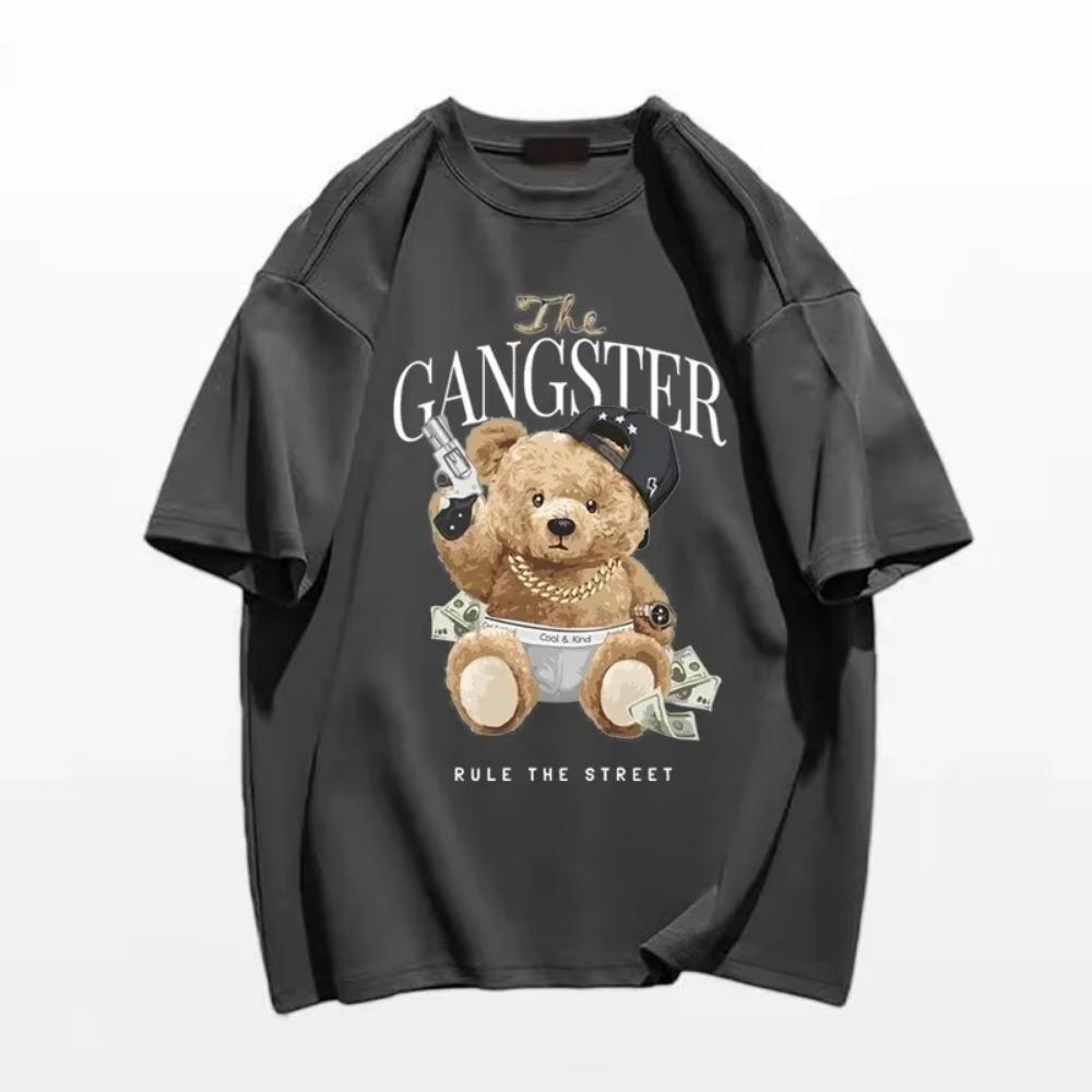 2023 New Men's Cartoon Bear USD Print 100% Cotton T-shirt High Quality Short Sleeved Shirt Street Fitness Clothing