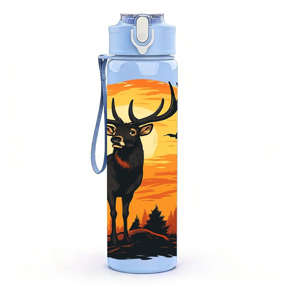 1PC Sunset Elk Pattern 750ml Color Plastic Sports Water Bottle Leakproof Flip Straw Lid Suitable for Sports Office Home Use