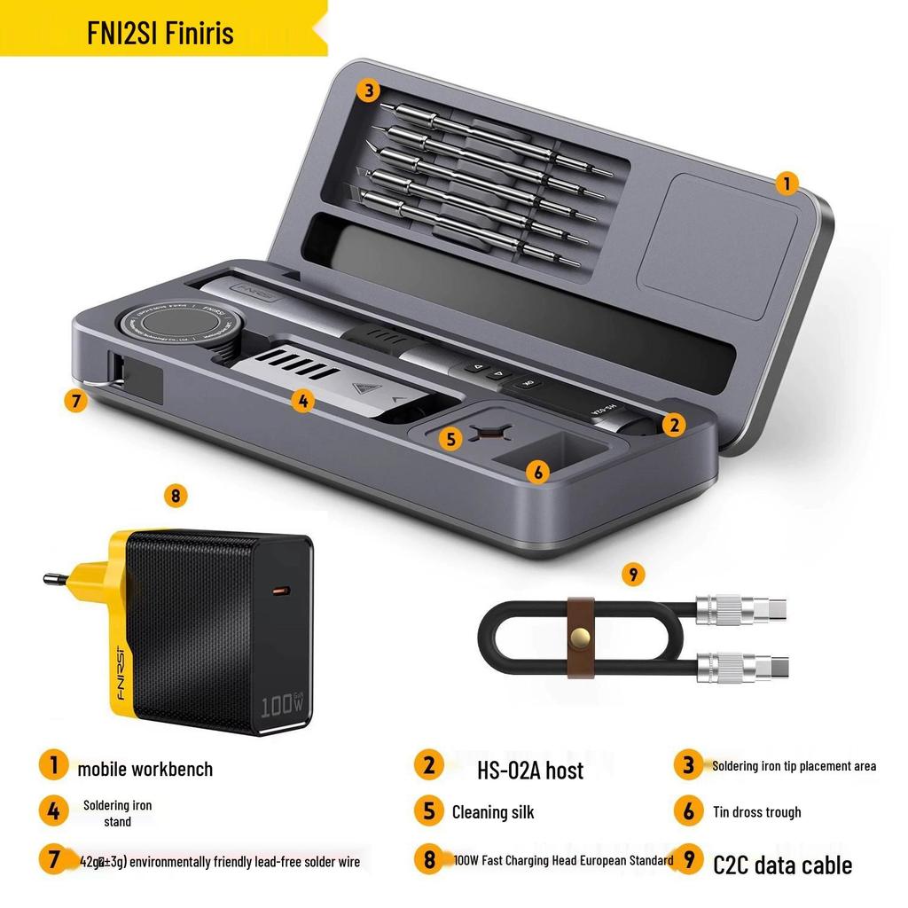 FNIRSI HS-02 Soldering Iron Set with Mobile Workbench and Storage Box
