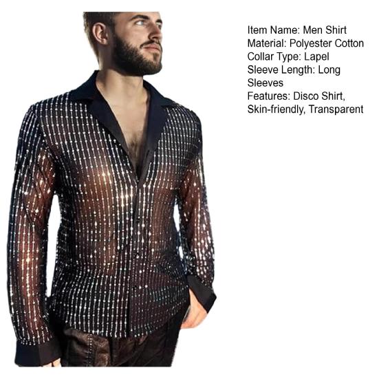 Men's Sequin Glitter Shirt Long Sleeve Lapel Button Down Disco Shirt Retro Sexy Thin Shirts for Bar Dancing Night Club Disco Party