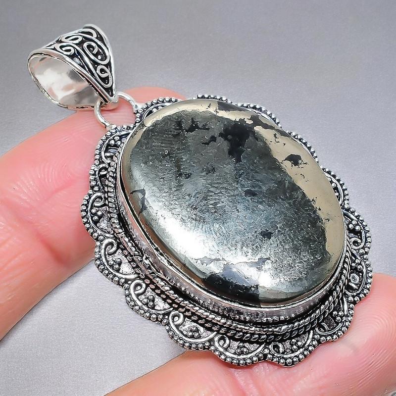 Pyrite Agate Gemstone Handmade 925 Sterling Silver Jewelry Pendant 2.17" AH-899