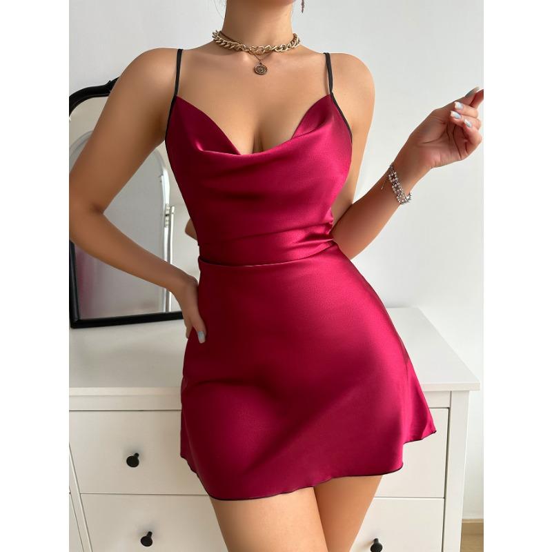 

Сексуальная короткая домашняя ночная рубашка с открытой спиной, летнее платье без рукавов с v-образным вырезом и лямкой, имитация шелка, тонкие платья XL красный