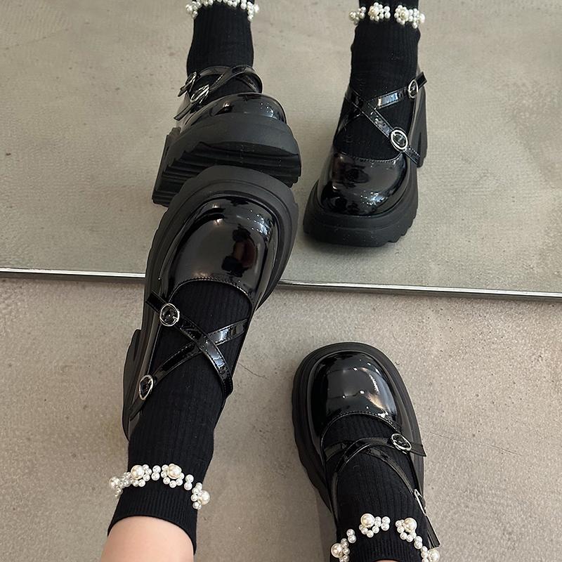 Rimocy Patent Leather Ankle Strap Lolita Shoes Women Thick Heels Platform Mary Janes Woman Sweet Lovely High Heeled Pumps 2024