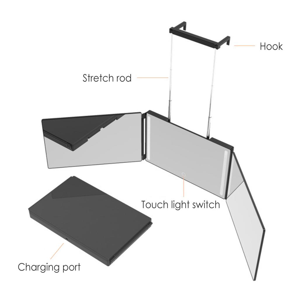 3 Way Makeup Mirror 360 Degree Cosmetic Mirror with Led Light Hair Dressing Mirrors Trifold Mirror For Hair Cutting Tools